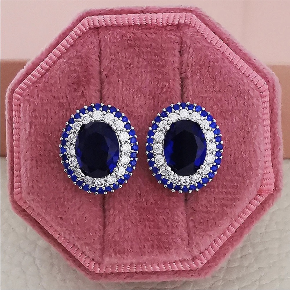New Women’s 925 Silver Oval Sapphire Stud Earrings